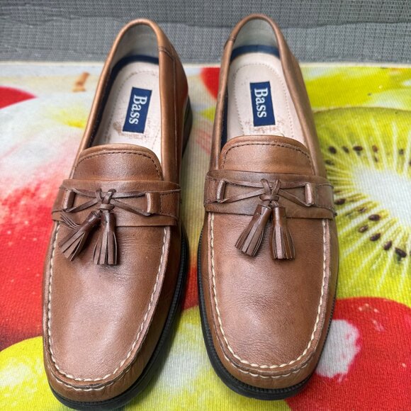 Bass Mens Leather Tassel Loafers Size 9.5M Slip-On Brown Dress Shoes